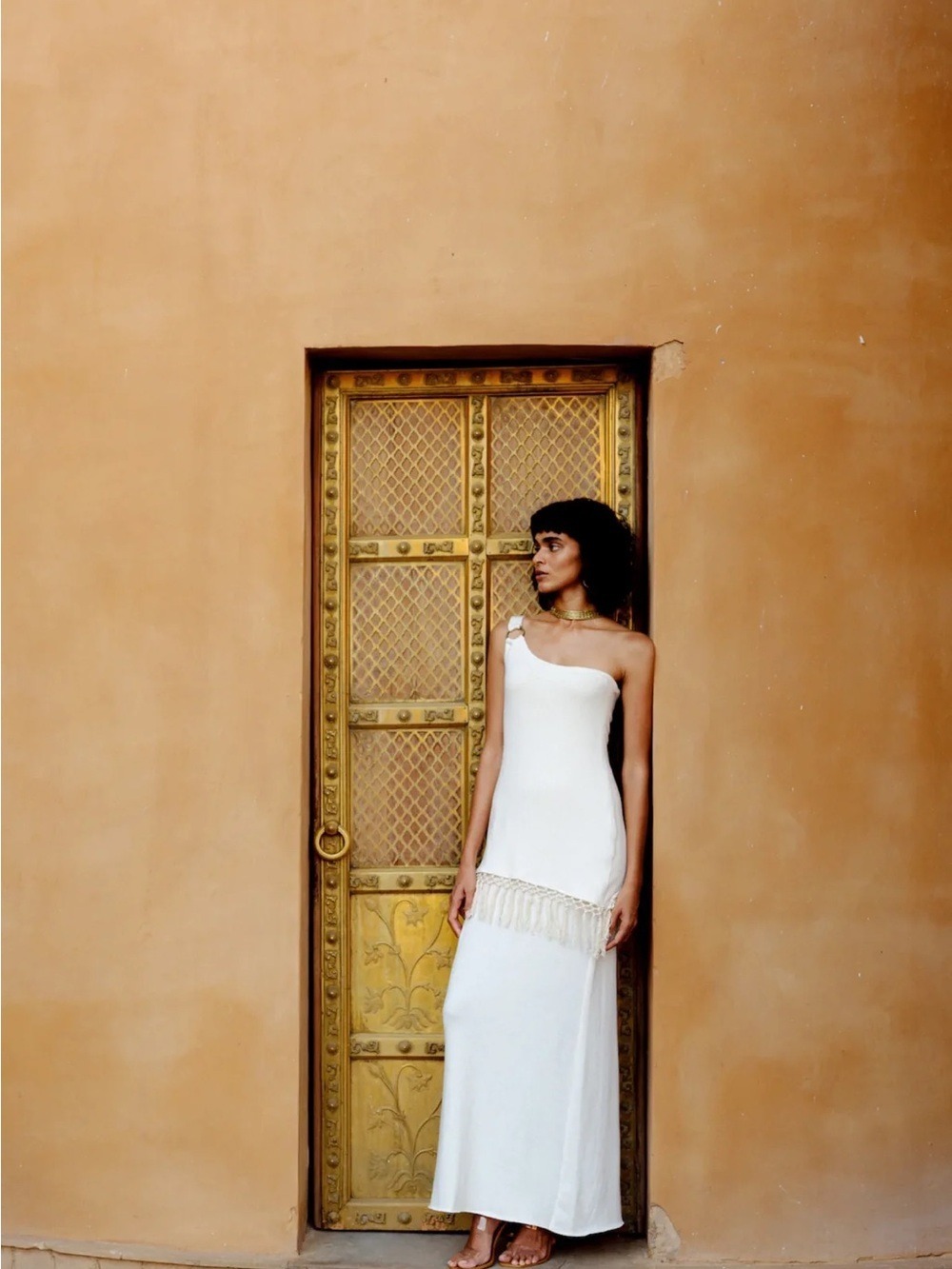 Savannah Morrow Saanj Cream One Shoulder Fringe Maxi Dress XS NWT